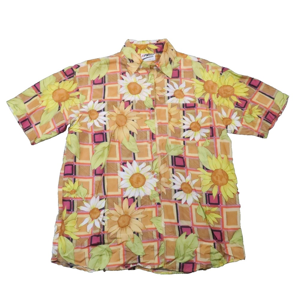 XPRSO Silk Shirt L Sunflower Floral Patchwork Geometric Art to Wear Vintage 70s